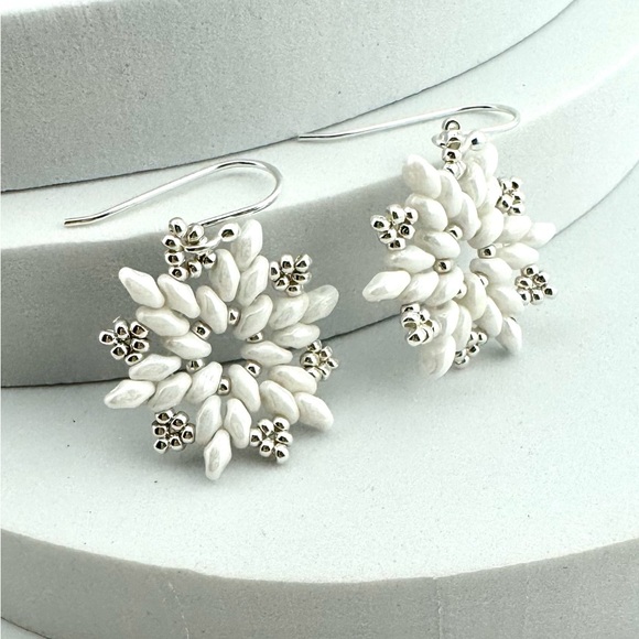 Sterling Silver and White Snowflake Earrings, Beaded White Snowflake Earrings - Picture 3 of 6
